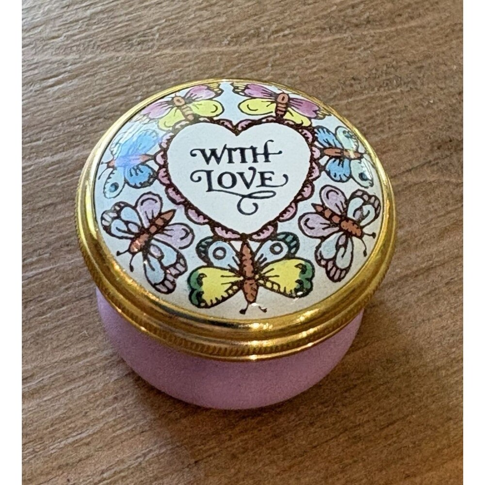 Vintage Halcyon Days Enameled Small Trinket Pill Box With Love